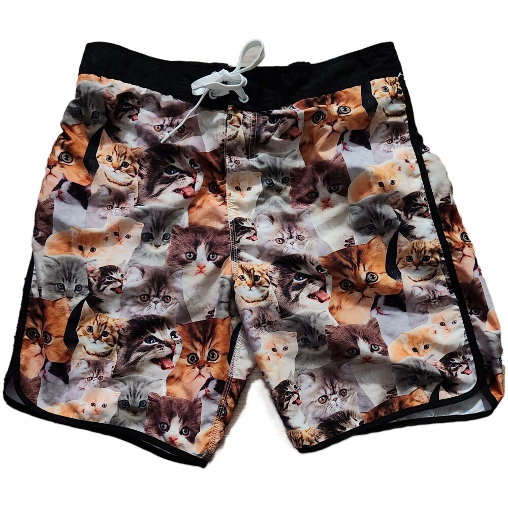 Cat Faces Men's Swim Trunks XXL Bioworld Kitty Shorts Summer Funny Lined EUC